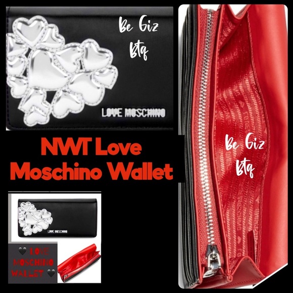 ๐ NWT Love Moschino Authentic Metallic Hearts Wallet Black And Silver - Picture 1 of 15